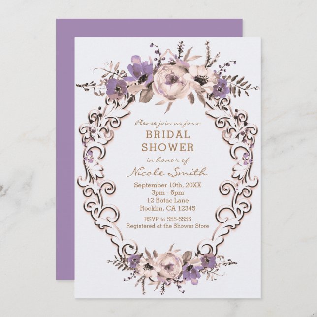 Convite Chá de panela Botânico de Creme Roxo (Frente/Verso)