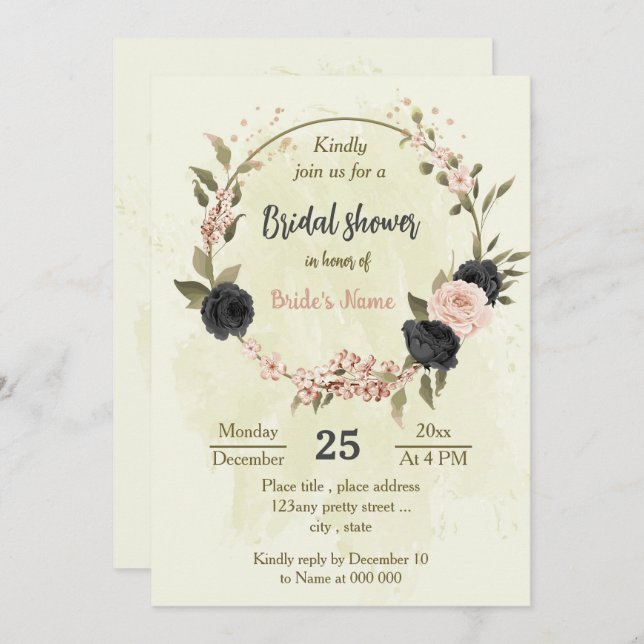 Convite chá de panela botânico de flores rosas, pretas, co (Frente/Verso)