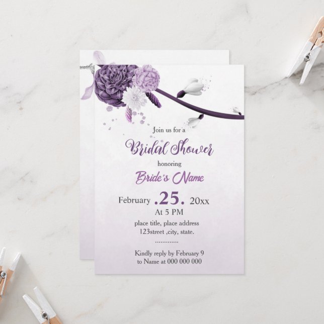 Convite Chá de panela botânico de flores roxas românticas (Frente/Verso In Situ)