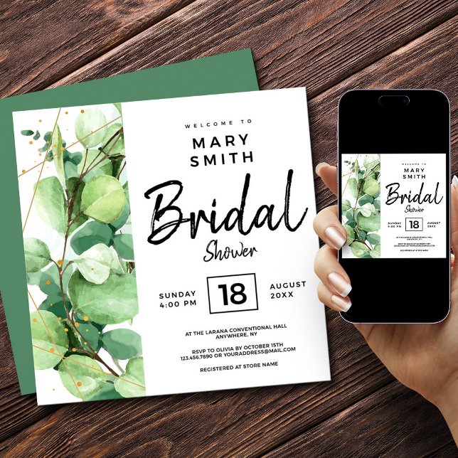 Convite Chá de panela botânico elegante de sábado branco v (Green Elegant Watercolor Eucalyptus Bridal Shower Invitation, Bridal Shower Invitation)