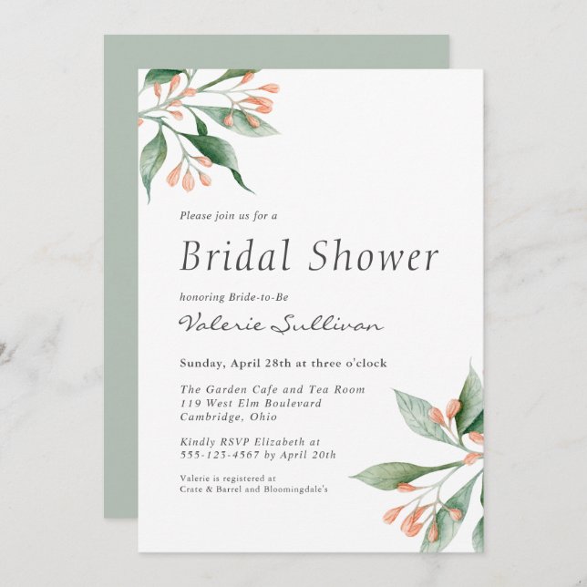 Convite Chá de panela Botânico Elegante Simples (Frente/Verso)