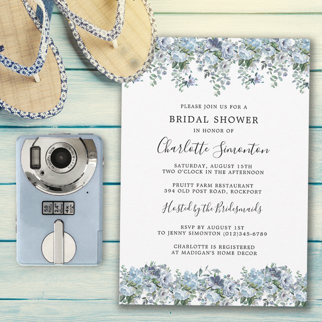 Convite Chá de panela Botânico Floral Azul Moderno (Add Summer Chic Style to your Bridal Shower with this Dusty Blue Invitation!)