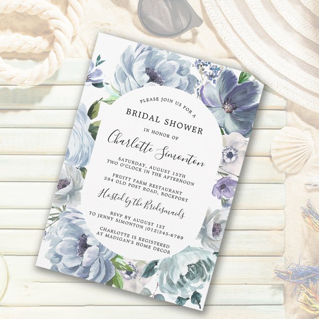 Convite Chá de panela Botânico Floral Azul Moderno (Dusty Blue Floral Bridal Shower Invitation. Summer Style at its Chic Best!)