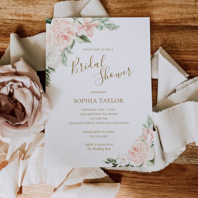Convite Chá de panela Botânico Floral Dourado e Rosa (Boho Floral Spring Bridal Shower Invitation Template)