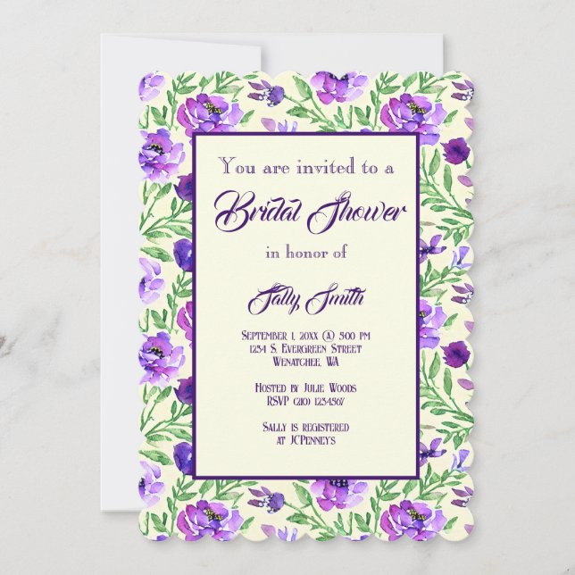 Convite Chá de panela Botânico Floral Púrpura e Verde (Frente)