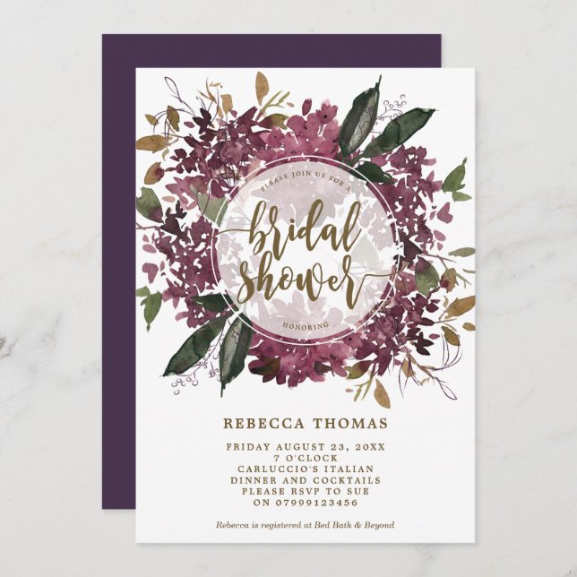 Convite chá de panela botânico floral roxo (Frente/Verso)