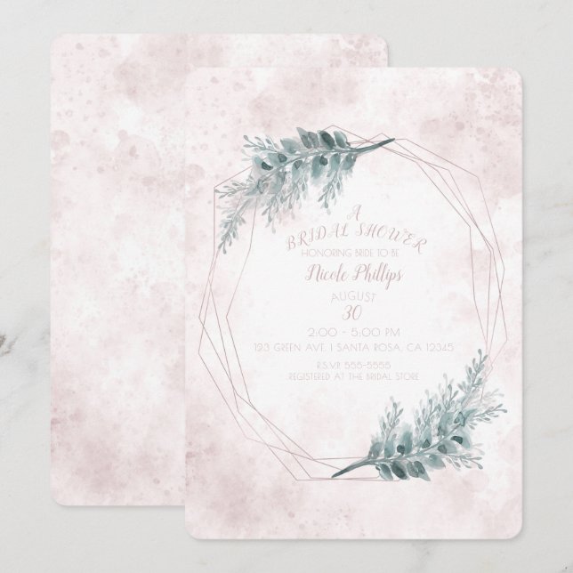 Convite Chá de panela Botânico Geométrico com Glama Rosa E (Frente/Verso)