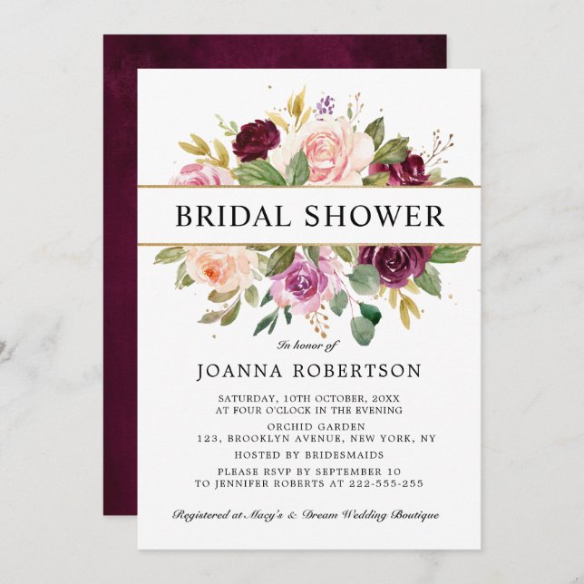 Convite Chá de panela Botânico Rosa-Rosa Pregado de Plum (Frente/Verso)