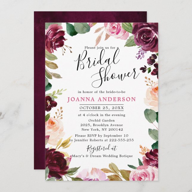 Convite Chá de panela Botânico Rosa-Rosa Pregado de Plum (Frente/Verso)