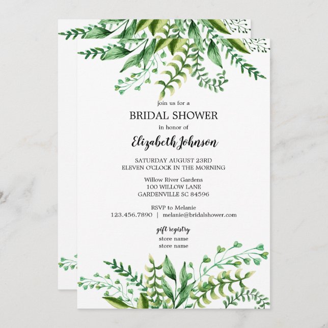 Convite Chá de panela Botânico Verde Elegante (Frente/Verso)