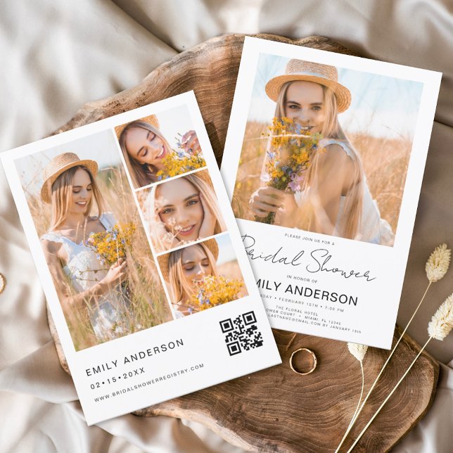 Convite Chá de panela branco com código QR de foto minimal (Criador carregado)