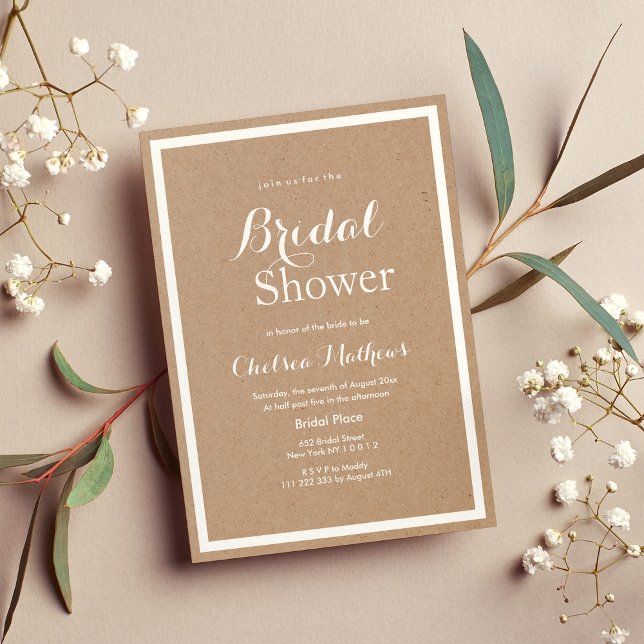 Convite Chá de panela branco de papel castanho moderno (Modern simple brown paper white Bridal Shower)