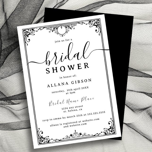 Convite Chá de panela branco e preto elegante (legant black-and-white bridal shower invitation with intricate border design.)