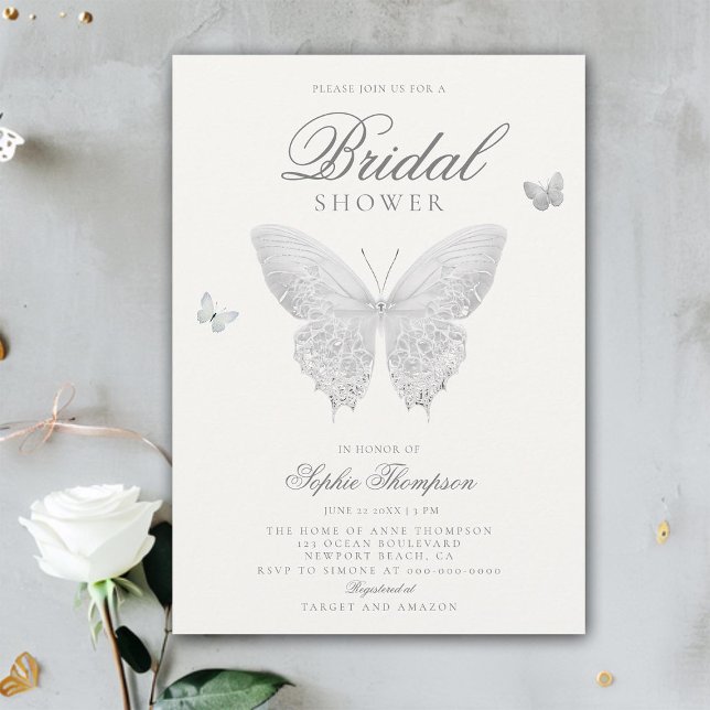 Convite Chá de panela Branco Elegante Boho de Borboleta La (lace butterflies boho bridal shower invitation elegant feminine romantic chic white calligraphy)