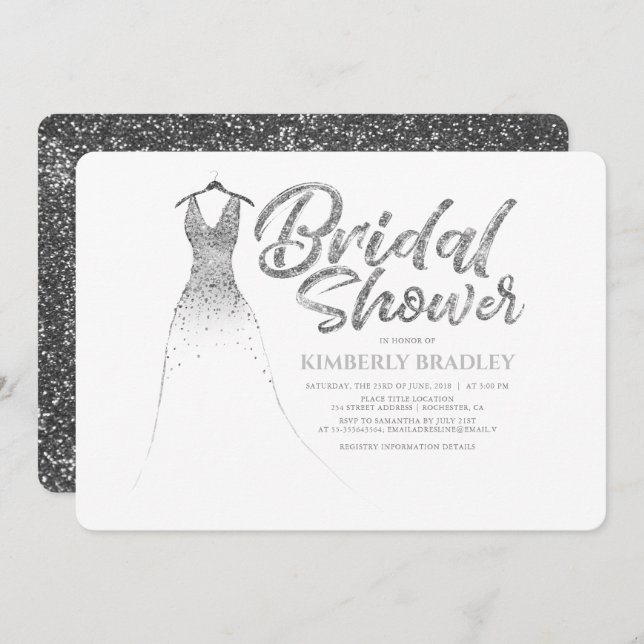 Convite Chá de panela Branco Elegante de Vestido de Prata (Frente/Verso)