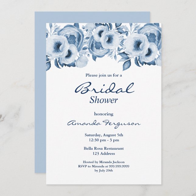 Convite Chá de panela branco floral azul-poeirento (Frente/Verso)