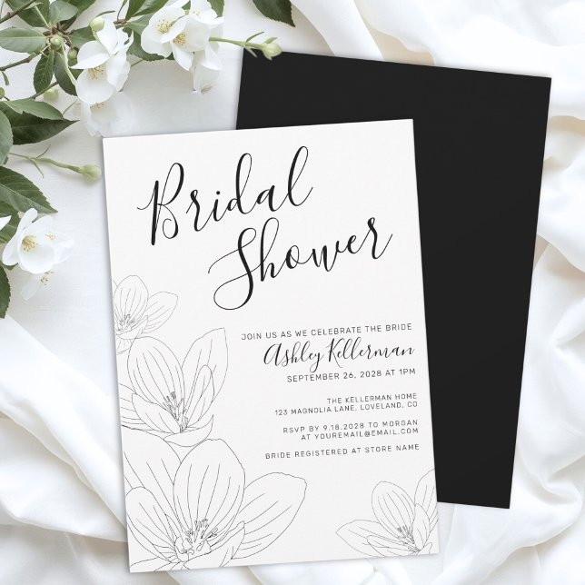 Convite Chá de panela Branco Floral Preto Elegante (Elegant Floral Black White Bridal Shower Invitation)