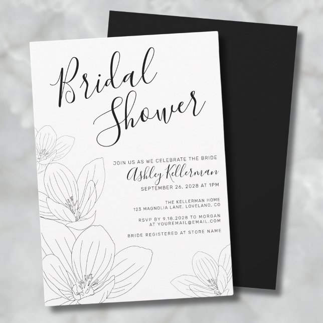 Convite Chá de panela Branco Floral Preto Elegante (Elegant Floral Black White Bridal Shower Invitation)