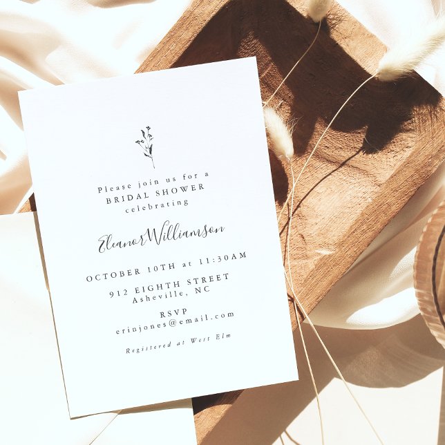 Convite Chá de panela Branco preto de Script Botânico Simp (Criador carregado)