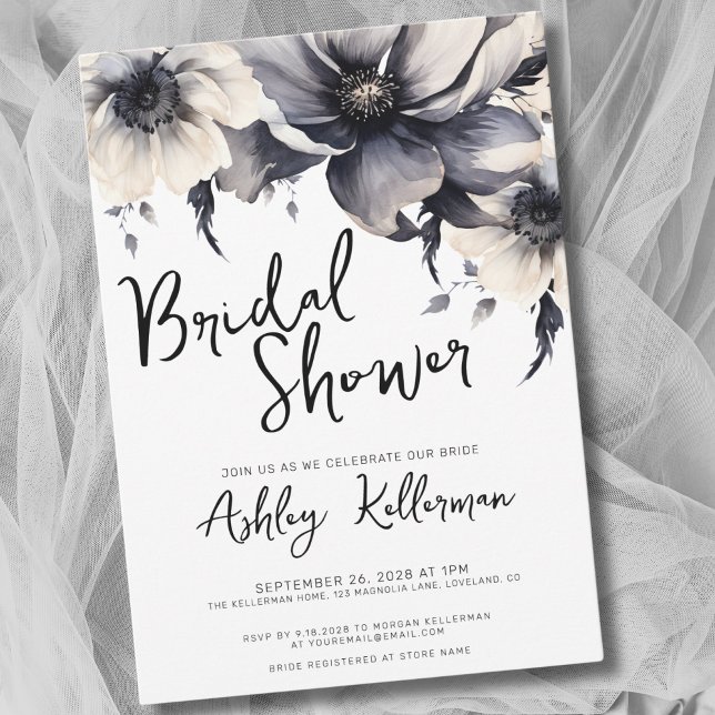 Convite Chá de panela Branco Preto Floral (Boho Elegant Floral Black White Bridal Shower Invitation)