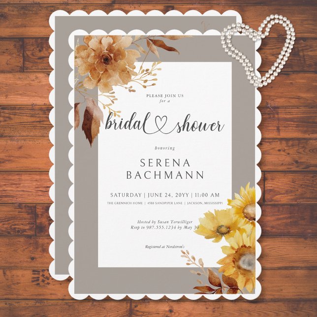 Convite Chá de panela Branco Russo de Girassol (Rustic Autumn Sunflower Taupe White Bridal Shower Invitation)
