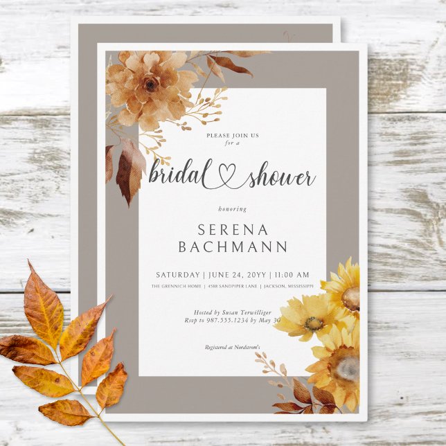 Convite Chá de panela Branco Russo de Girassol (Rustic Autumn Sunflower Taupe White Bridal Shower Invitation)