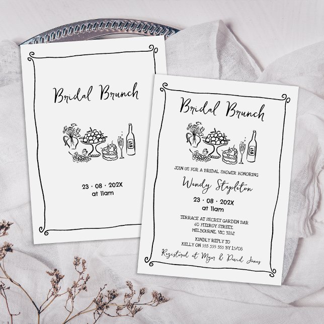 Convite Chá de panela Bridal Bridal Preto Whimsical (Whimsical Black Hand Drawn Bridal brunch Bridal Shower Invitation, Quirky Trendy Bridal Shower )