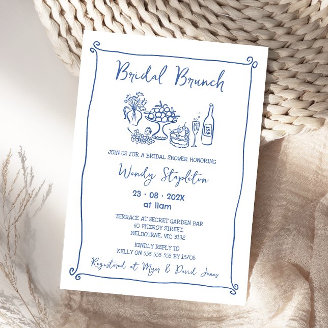 Convite Chá de panela Bridal de Brida de Azul Whimsical (Whimsical Blue Bridal Brunch Bridal Shower Invitation, Doodle, Hand Drawn, Bridal Brunch Shower)