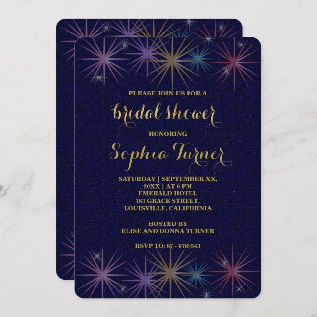 Convite Chá de panela brilhante azul-folha de ouro elegant (Frente/Verso)