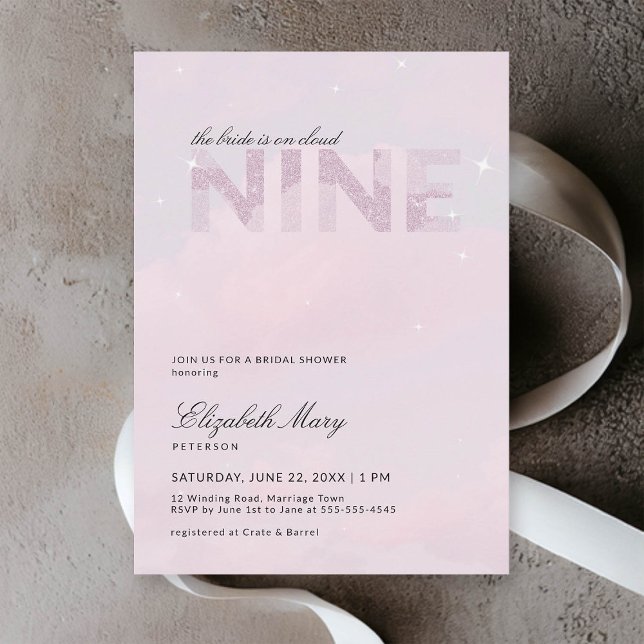 Convite Chá de panela Brilhante Cloud 9 Moderno Sonho Rosa (cloud 9 bridal shower invitation dreamy romantic pastel pink glitter clouds sky modern calligraphy)