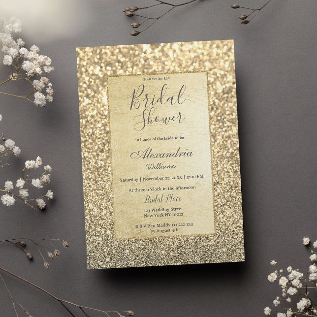 Convite Chá de panela brilhante de glitter de ouro de tend (Chic glamorous trendy gold glitter Bridal Shower)
