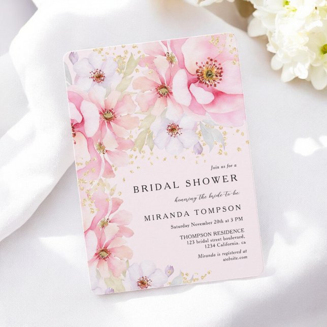Convite Chá de panela Brilhante Dourado com Aquarela Rosa (Pink Watercolor Floral Gold Glitter Bridal Shower Invitation)