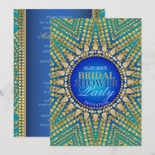Convite Chá de panela brilhante Dourado de sol azul teal