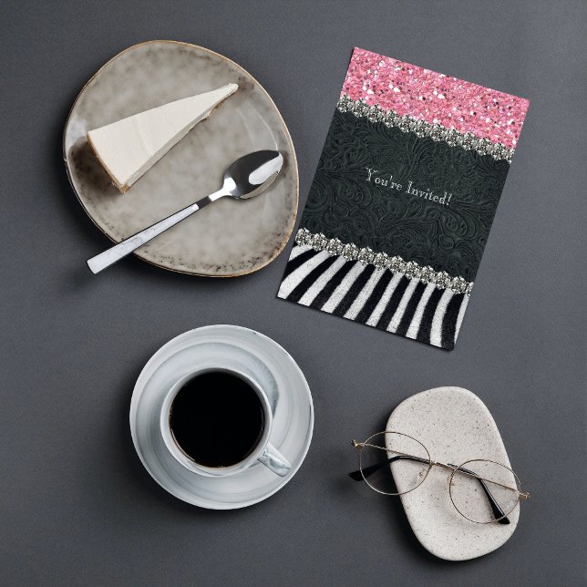 Convite Chá de panela brilhante preto-zebra cor-de-rosa (Criador carregado)