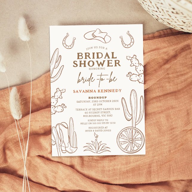 Convite Chá de panela Brown Drawn Western Cowgirl (Modern Western Themed Bridal Shower Invitation, Cowgirl Bridal Shower Invitation, Wild West Bridal )