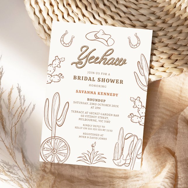 Convite Chá de panela Brown Line Yeehaw Western Cowgirl (Modern Cowgirl Bridal Shower Invitation, Western Bridal Shower Invite, Country, Wild West, Yeehaw)