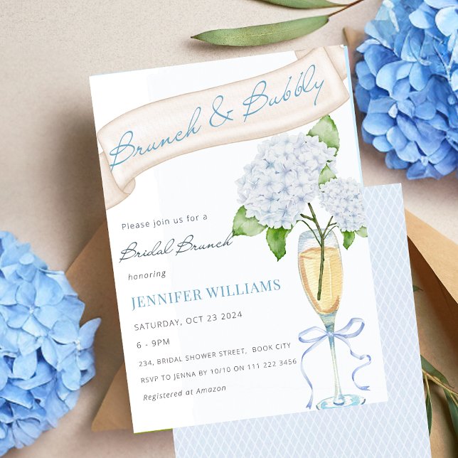 Convite Chá de panela Brunch e Azul-Bubble Hydrangea (Brunch and Bubbly Hydrangea Bridal Shower Invitation)