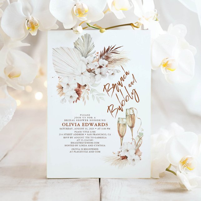 Convite Chá de panela Brunch e Boho Pampas Grass (Brunch and Bubbly Boho Bridal Shower Invitations)