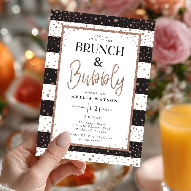 Convite Chá de panela Brunch e Bubble (Sip, sparkle, and celebrate 💖 Send your love with this glamorous rose gold bridal shower invite.)