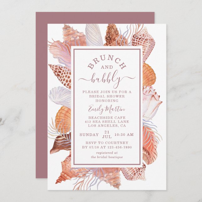 Convite Chá de panela Brunch e Bubble Beach Seashells (Frente/Verso)