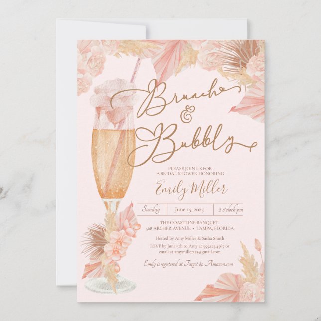 Convite Chá de panela Brunch e Bubble Blush Boho Pampas (Frente)