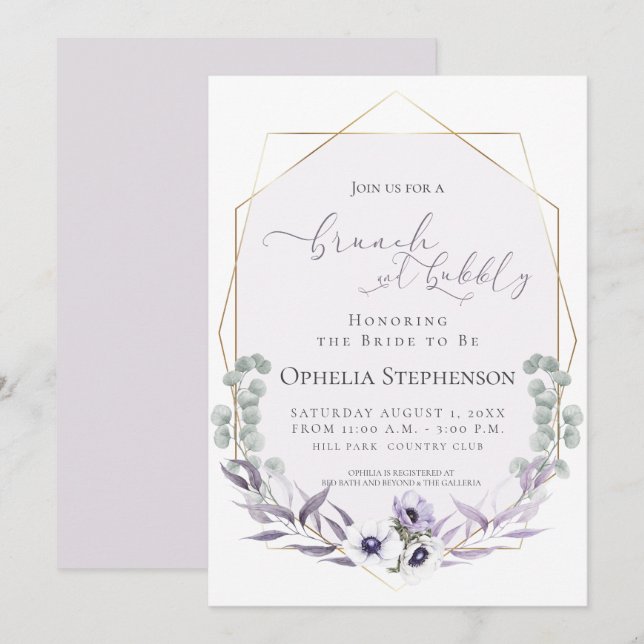 Convite CHÁ DE PANELA | Brunch e Bubble Dusty Lilac Floral (Frente/Verso)