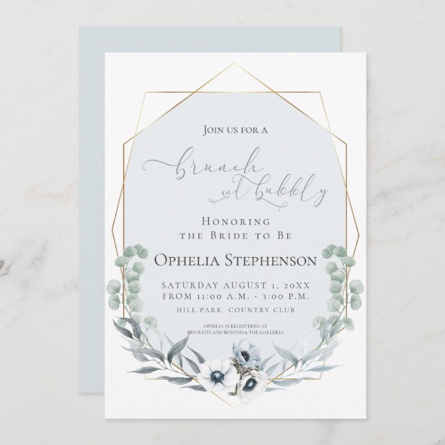 Convite CHÁ DE PANELA | Brunch e Bubbles Blue Floral (Frente/Verso)