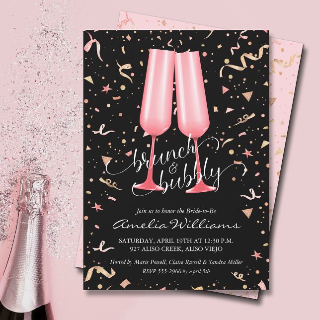 Convite Chá de panela Brunch e Bubby (Brunch and bubbly pink champagne glasses and streamers on black bridal shower invitations)