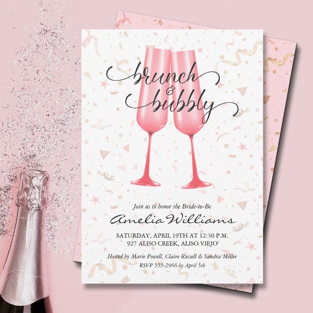 Convite Chá de panela Brunch e Bubby (Brunch and bubbly pink champagne glasses and streamers bridal shower invitations)