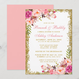 Convite Chá de panela Brunch Floral Dourado Rosa