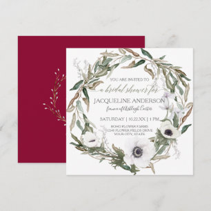 Convite Chá de panela Burgundy Anemone Olive Leaf Wreath