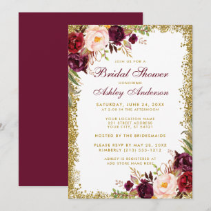Convite Chá de panela Burgundy Floral Dourado Glitter Inv