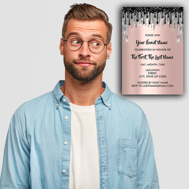 Convite Chá de panela Casamento Doce 16.º Rosa (Bridal Shower Wedding Sweet 16th Rose Black Drips Invitation)