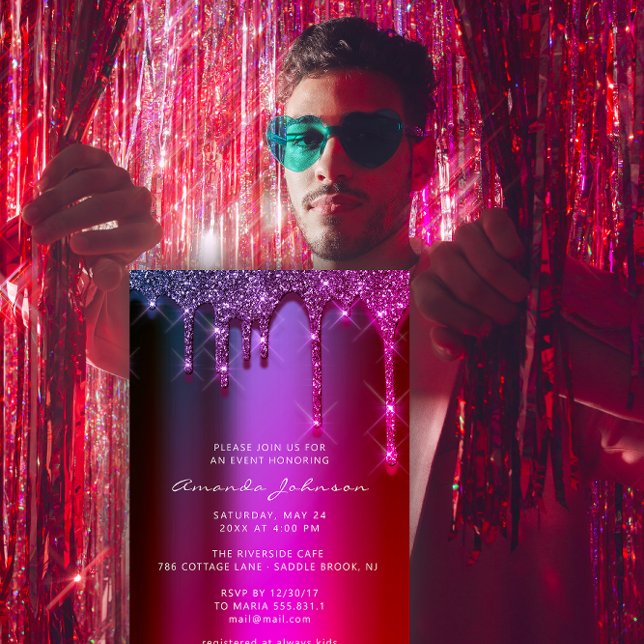 Convite Chá de panela Casamento Púrpura Rosa De Aniversári (Bridal Shower Wedding Birthday Pink Purple Drips Invitation)